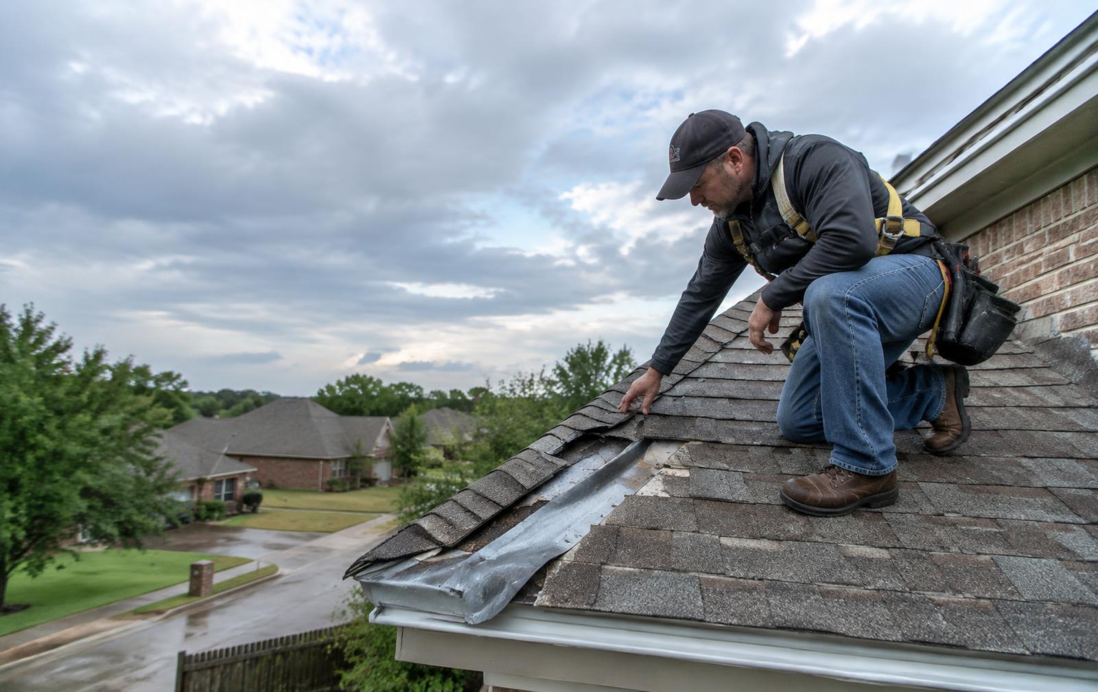 Roofer inspecting damaged shingles and flashing on a North Texas home